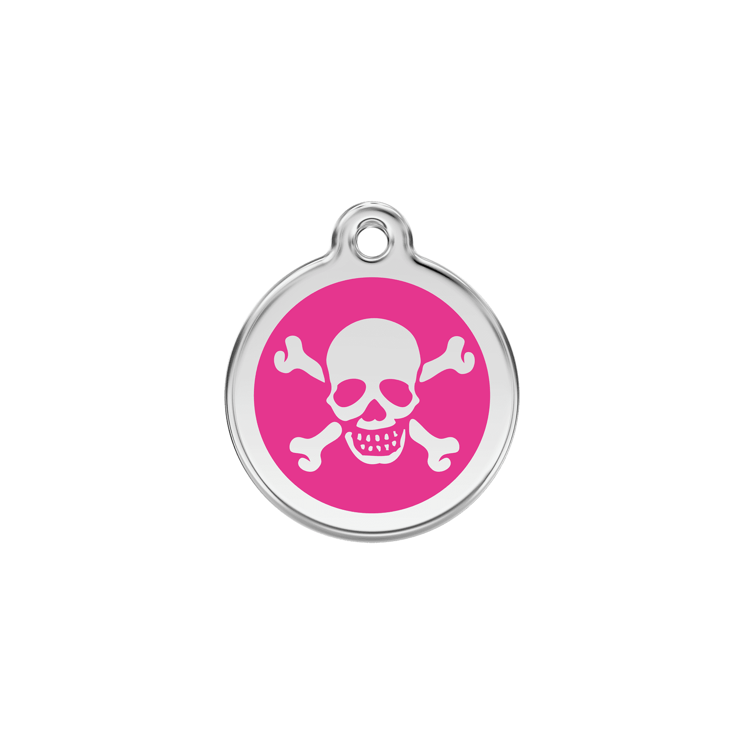 Vue avant - Médaille personnalisée en émail et acier inoxydable pour chat - Red Dingo - Tête de mort rose vif - Size S