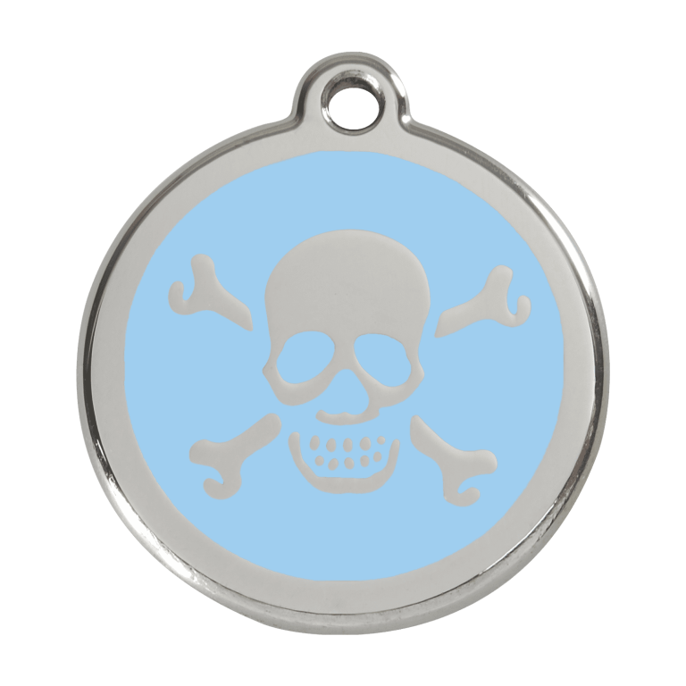 Vue avant - Médaille personnalisée pour chien Red Dingo Émail et acier inoxydable - Tête de mort bleu clair - Size L