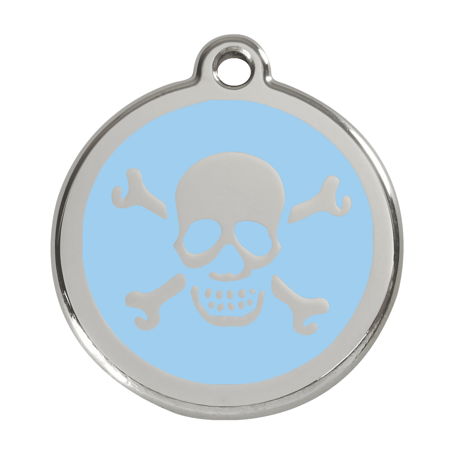 Vue avant - Médaille personnalisée pour chien Red Dingo Émail et acier inoxydable - Tête de mort bleu clair - Size L