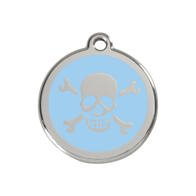 Vue avant - Médaille personnalisée pour chien Red Dingo Émail et acier inoxydable - Tête de mort bleu clair - Size M