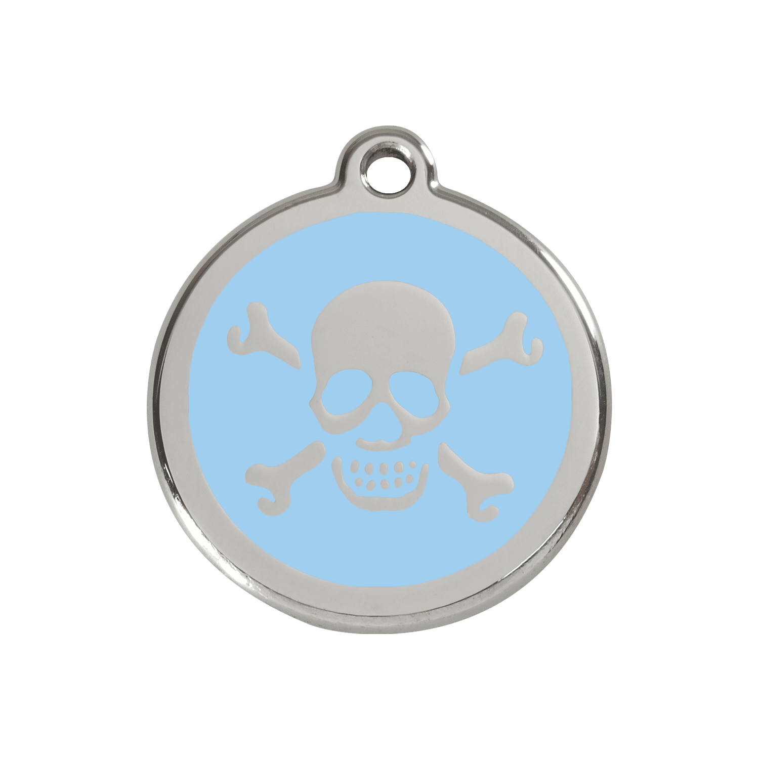 Vue avant - Médaille personnalisée pour chien Red Dingo Émail et acier inoxydable - Tête de mort bleu clair - Size M