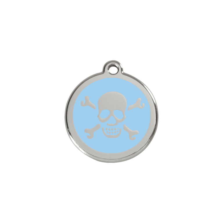 Vue avant - Médaille personnalisée pour chien/chat Red Dingo Émail et acier inoxydable - Tête de mort bleu clair - Size S