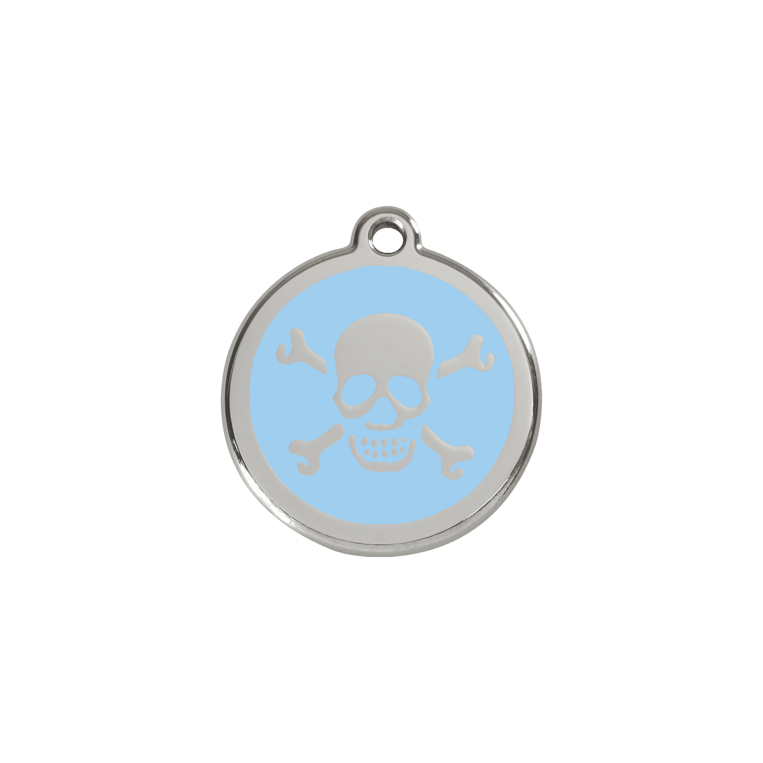 Vue avant - Médaille personnalisée pour chien/chat Red Dingo Émail et acier inoxydable - Tête de mort bleu clair - Size S