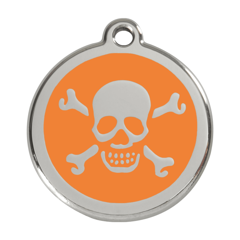 Vue avant - Médaille personnalisée pour chien Red Dingo Émail et acier inoxydable Orange Tête de mort L 38.00 24.7 G
