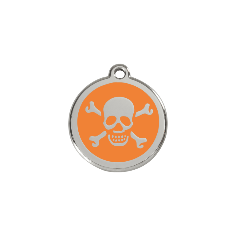 Vue avant - Médaille personnalisée pour chien/chat Red Dingo Émail et acier inoxydable - Tête de mort orange - Size S