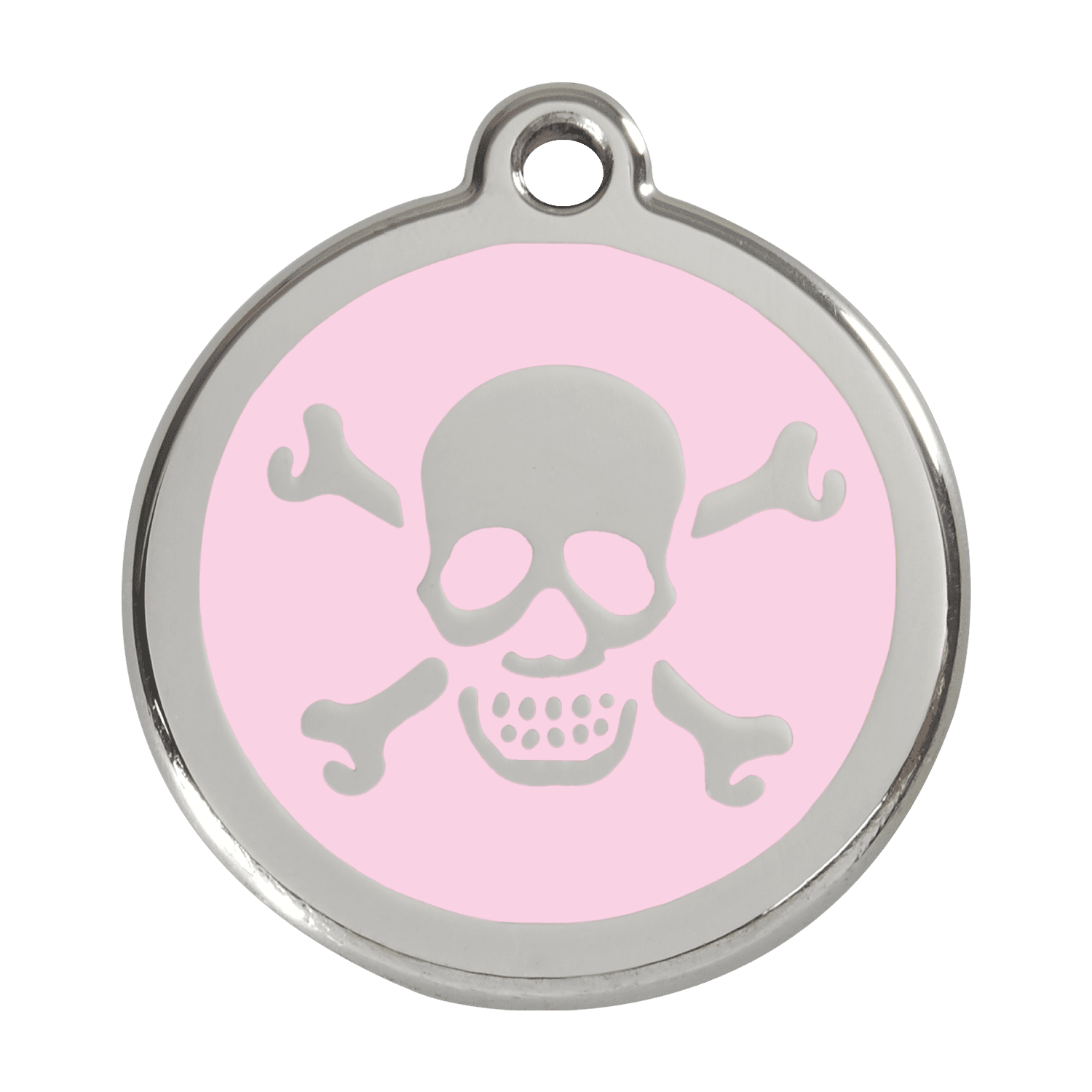 Vue avant - Médaille personnalisée pour chien - Red Dingo Émail et acier inoxydable - Tête de mort rose - Size L