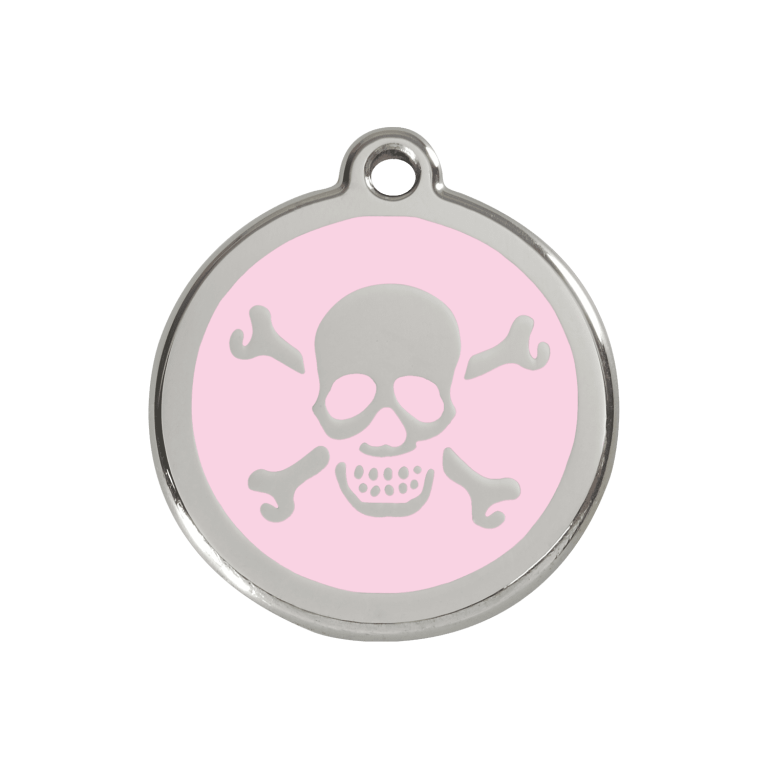 Vue avant - Médaille personnalisée pour chien/chat Red Dingo rose en émail et acier inoxydable - Tête de mort - Size M
