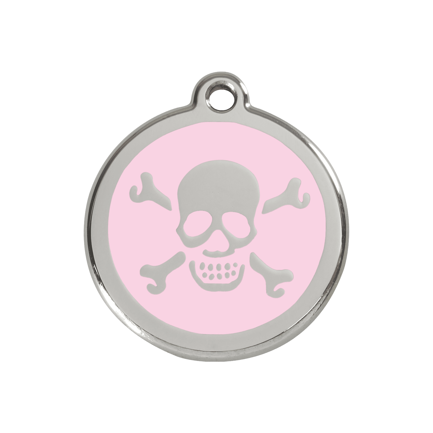 Vue avant - Médaille personnalisée pour chien/chat Red Dingo rose en émail et acier inoxydable - Tête de mort - Size M