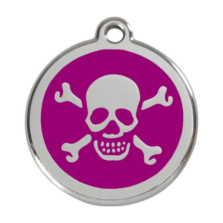 Vue avant - Médaille personnalisée pour chien Red Dingo Émail et acier inoxydable - Tête de mort violet - Size L
