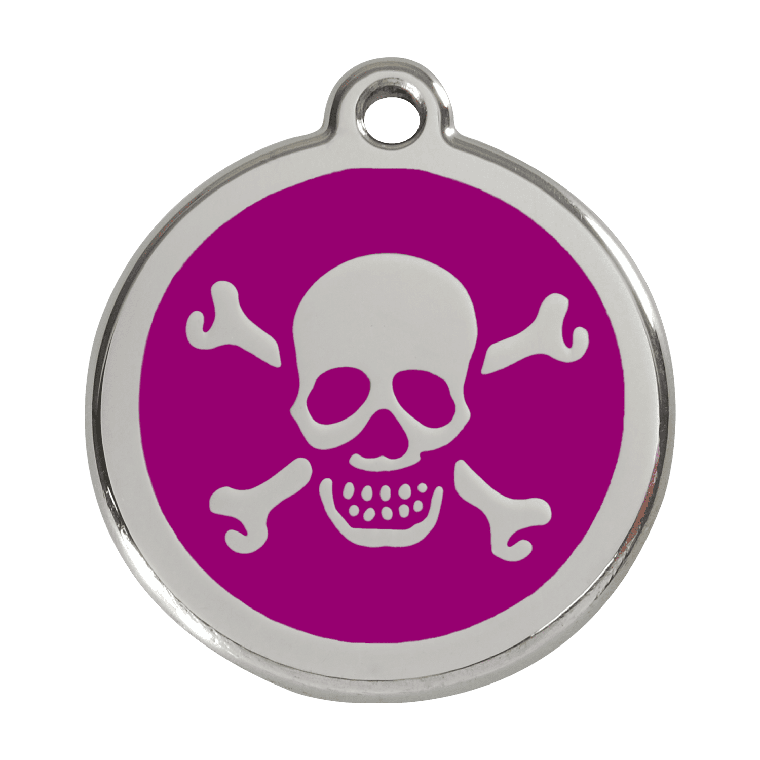 Vue avant - Médaille personnalisée pour chien Red Dingo Émail et acier inoxydable - Tête de mort violet - Size L