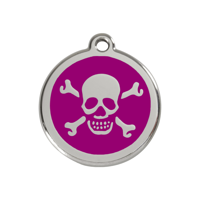 Vue avant - Médaille personnalisée pour chien ou chat - Red Dingo Émail et acier inoxydable - Tête de mort violet - Size M