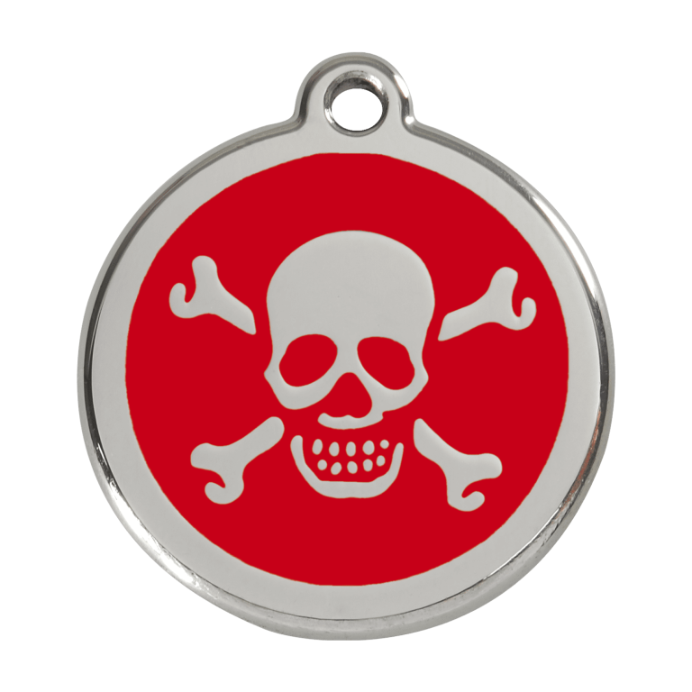 Vue avant - Médaille personnalisée pour chien Red Dingo en émail et acier inoxydable - Tête de mort rouge - Size L