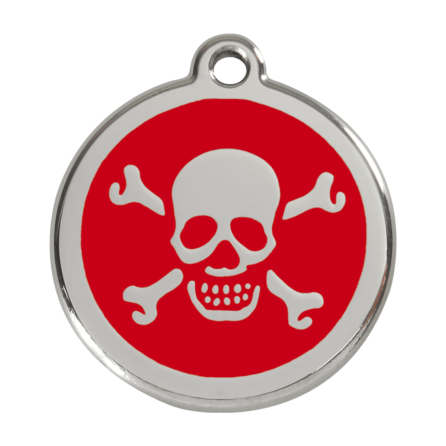 Vue avant - Médaille personnalisée pour chien Red Dingo en émail et acier inoxydable - Tête de mort rouge - Size L