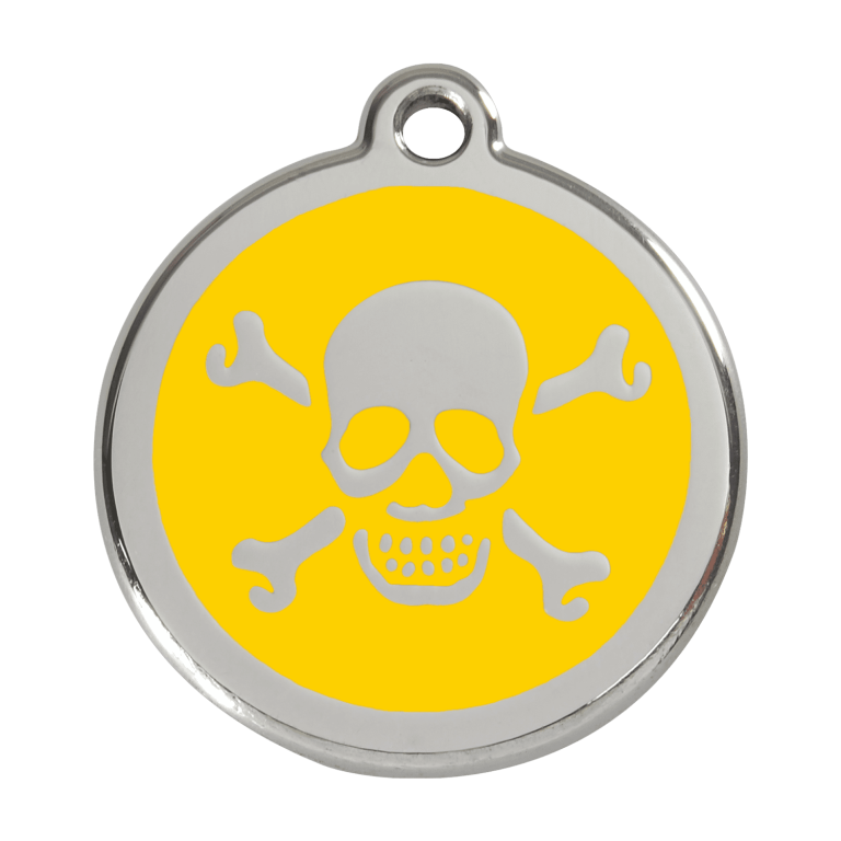 Vue avant - Médaille personnalisée pour chien ou chat - Red Dingo Émail et acier inoxydable - Tête de mort jaune - Size L