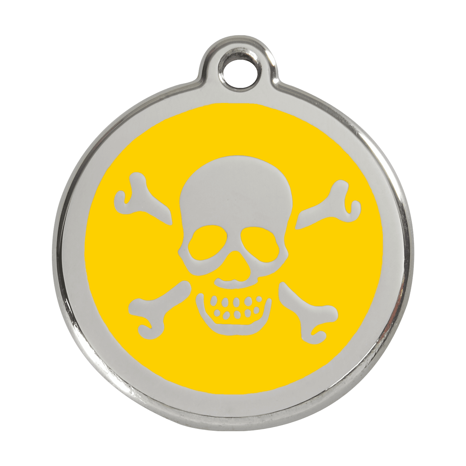Vue avant - Médaille personnalisée pour chien ou chat - Red Dingo Émail et acier inoxydable - Tête de mort jaune - Size L