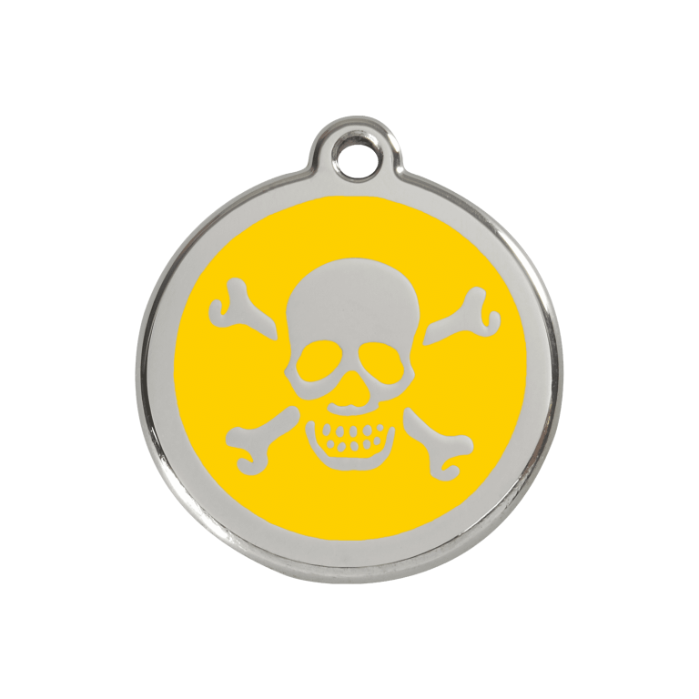 Vue avant - Médaille personnalisée pour chien/chat Red Dingo Émail/Acier Jaune 30mm - Tête de mort - Size M