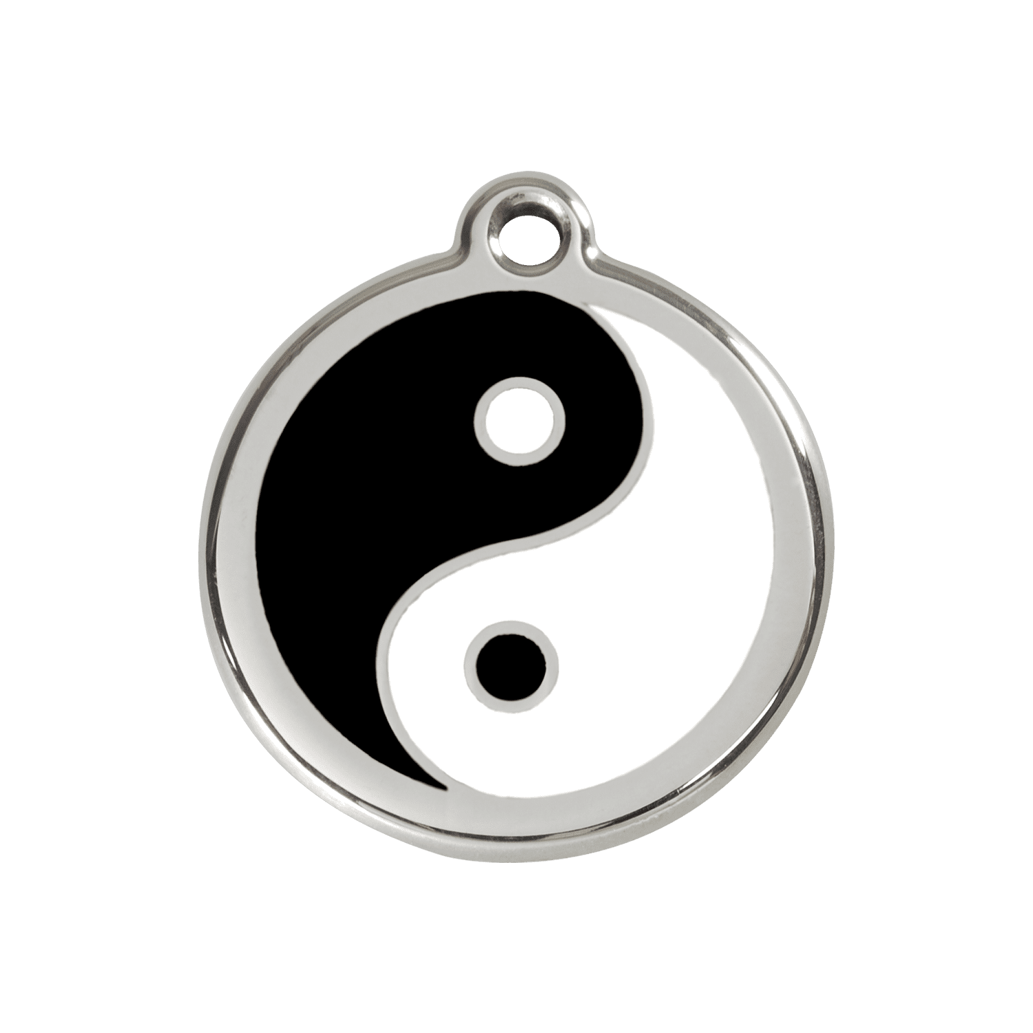 Vue avant - Médaille personnalisable pour chien ou chat Red Dingo Émail et acier inoxydable Ying et Yang Noir - Size M
