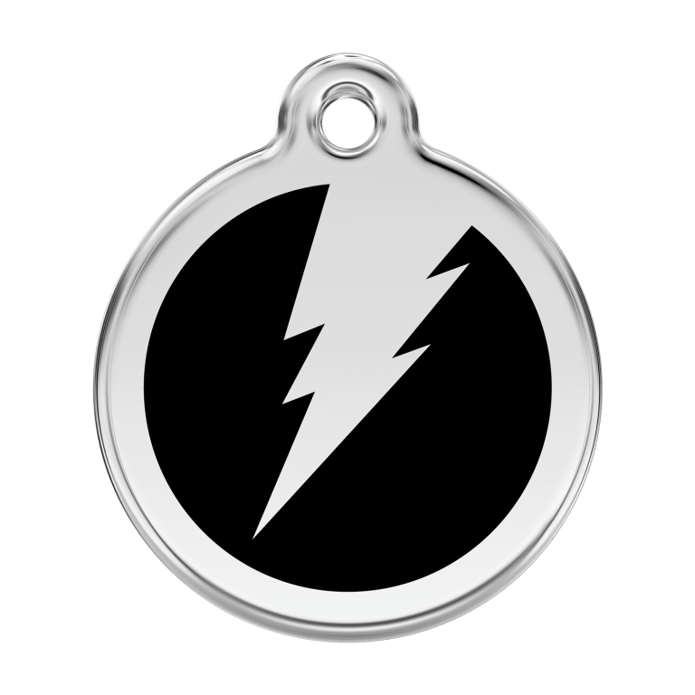 Vue avant - Médaille personnalisée pour chien Red Dingo Émail et acier inoxydable - Motif éclair - Noir - Size L