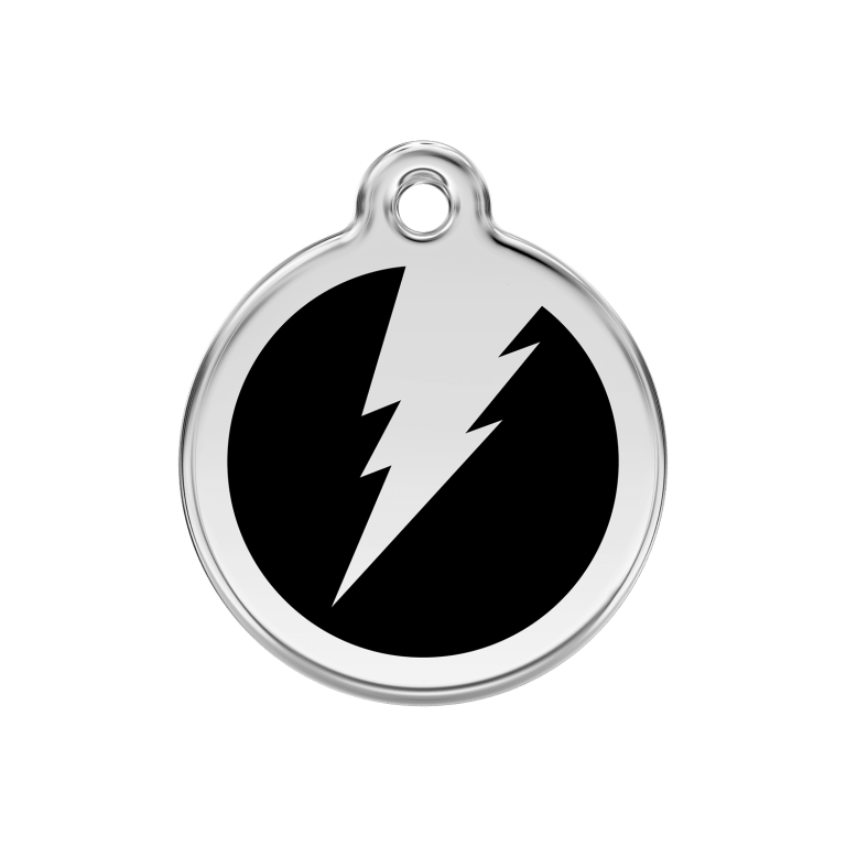 Vue avant - Médaille personnalisée pour chien Red Dingo Émail et acier inoxydable - Motif éclair noir - Size M