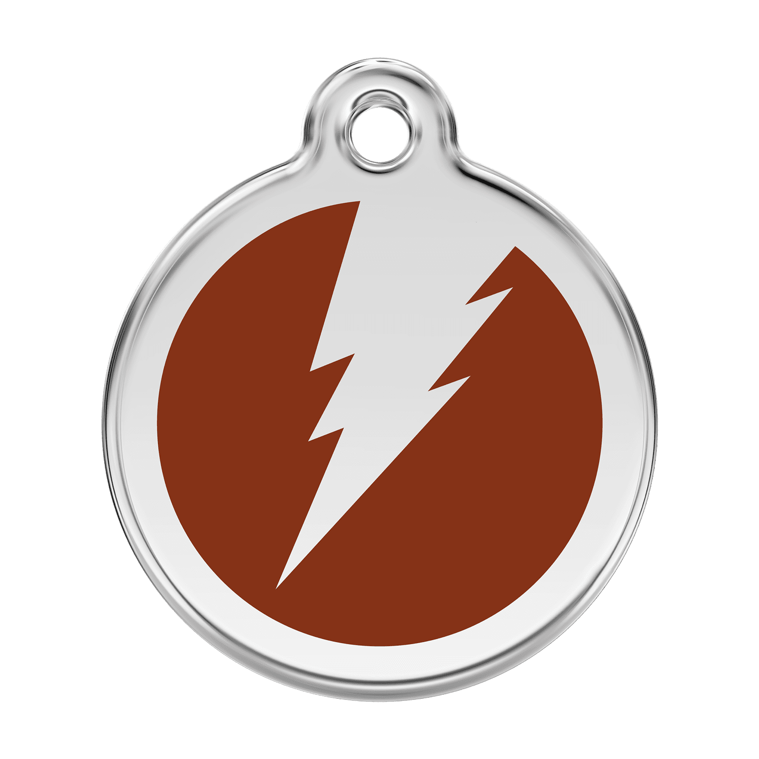 Vue avant - Médaille personnalisée pour chien Red Dingo Émail et acier inoxydable - Motif éclair - Brun - Size L