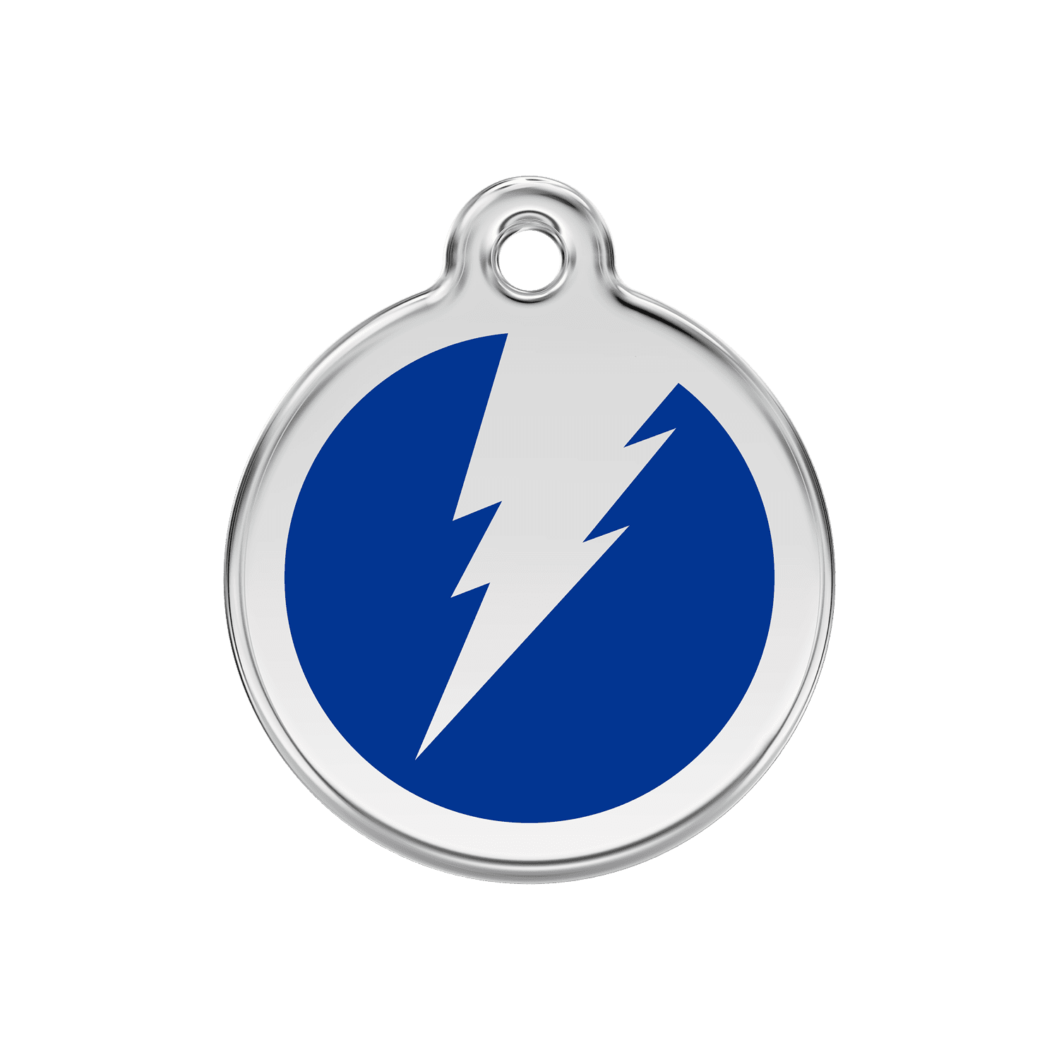 Vue avant - Médaille personnalisée pour chien/chat Red Dingo Émail et acier inoxydable - Motif éclair - Bleu foncé - Size M