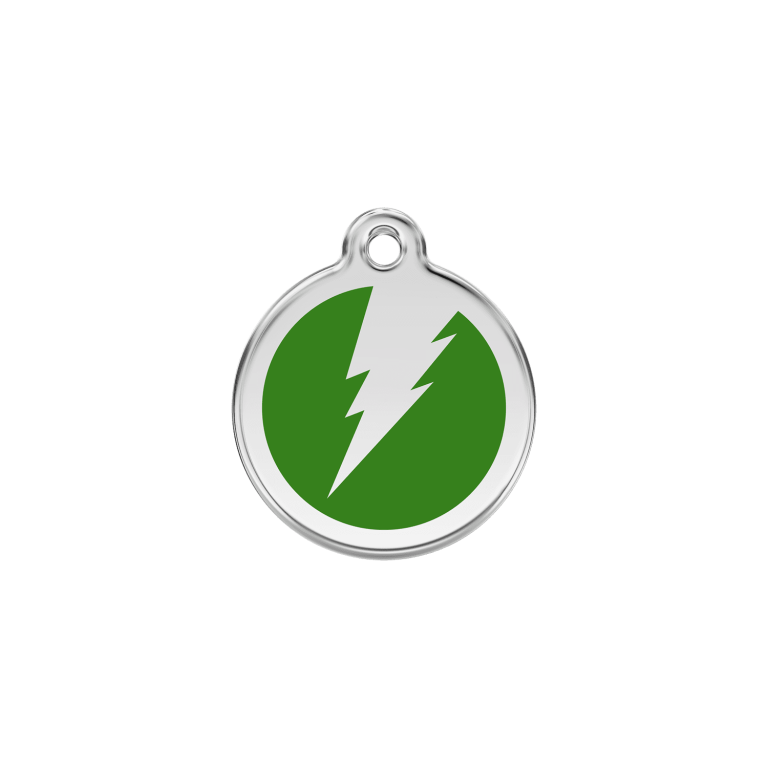 Vue avant - Médaille personnalisable pour chien/chat Red Dingo Émail et acier inoxydable - Motif éclair vert - Size S