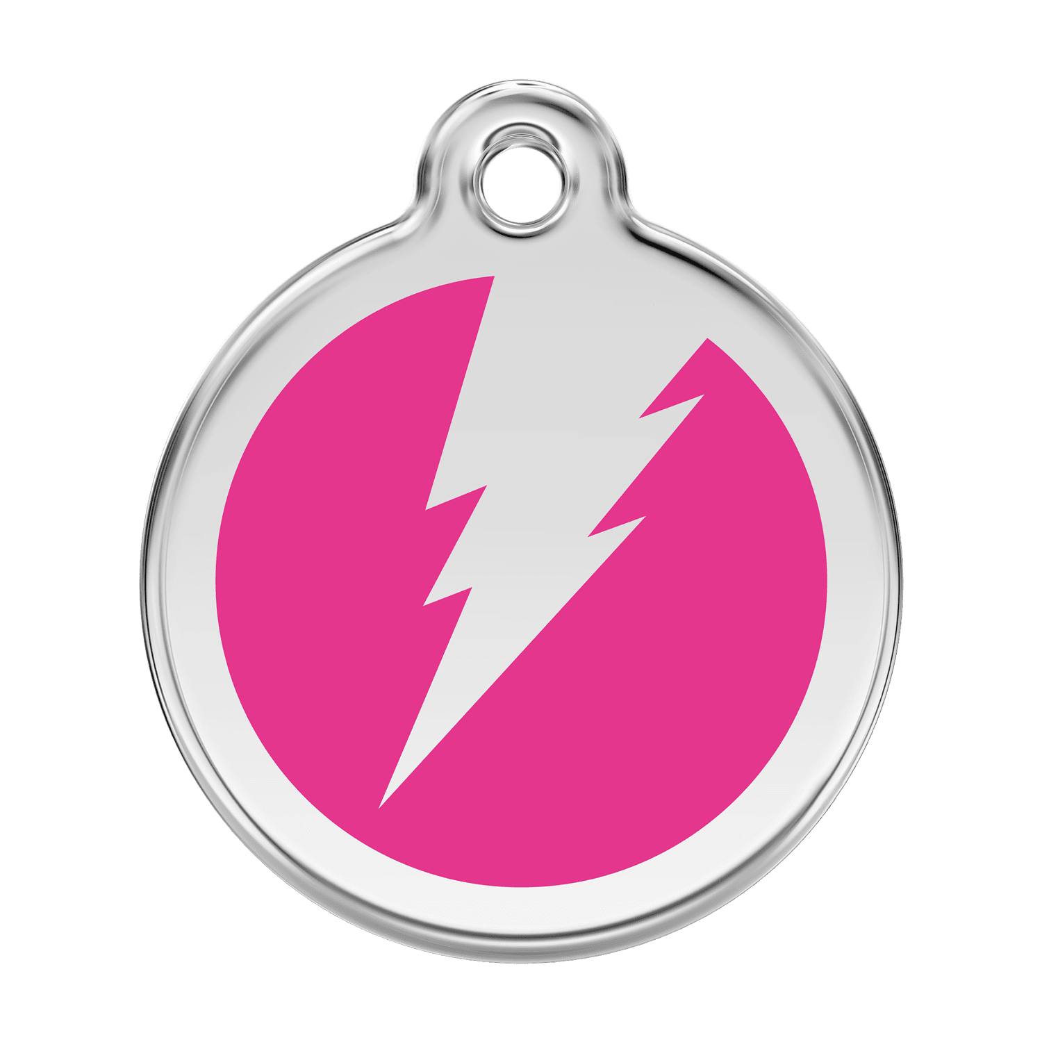 Vue avant - Médaille personnalisée pour chien Red Dingo émail et acier inoxydable - Motif éclair - Rose vif - Size L