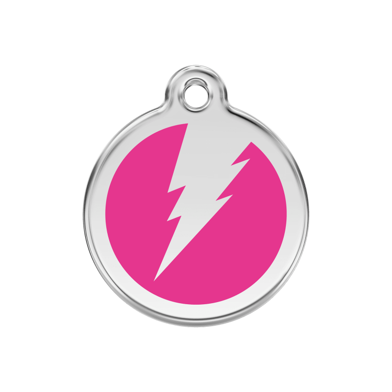 Vue avant - Médaille personnalisée pour chien Red Dingo Émail et acier inoxydable - Motif éclair - Rose vif - Size M