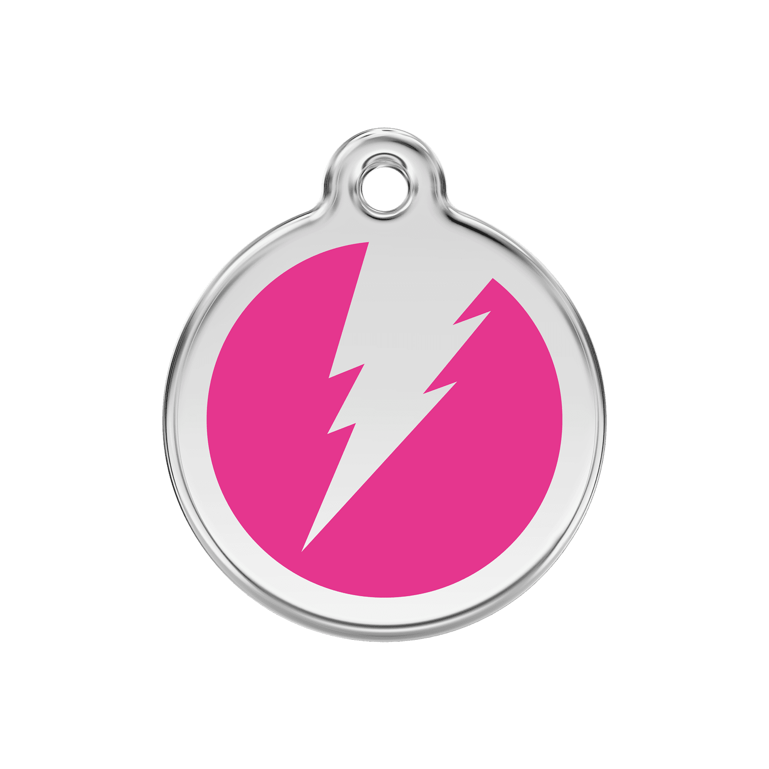 Vue avant - Médaille personnalisée pour chien Red Dingo Émail et acier inoxydable - Motif éclair - Rose vif - Size M