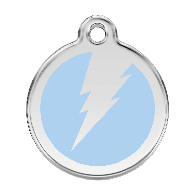 Vue avant - Médaille personnalisable pour chien Red Dingo Émail et acier inoxydable - Motif éclair - Bleu clair - Size L