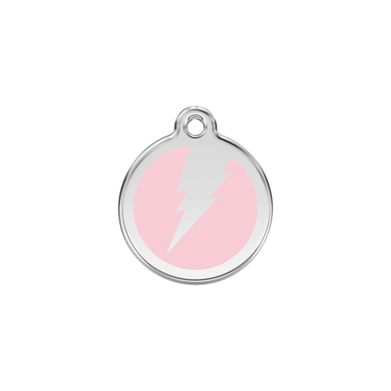 Vue avant - Médaille personnalisée pour chat en émail et acier inoxydable - Red Dingo - Motif éclair rose - Size S - 01-ZF-PK-SM