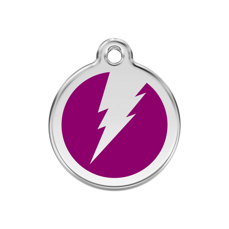 Vue avant - Médaille personnalisée pour chien/chat Red Dingo Émail et acier inoxydable - Motif éclair Violet - Size M