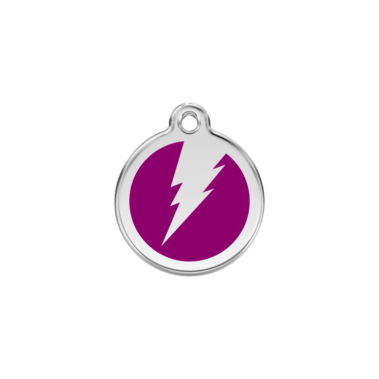Vue avant - Médaille personnalisée pour chien/chat Red Dingo Émail et acier inoxydable - Motif éclair violet - Size S - Référence : 01-ZF-PU-SM