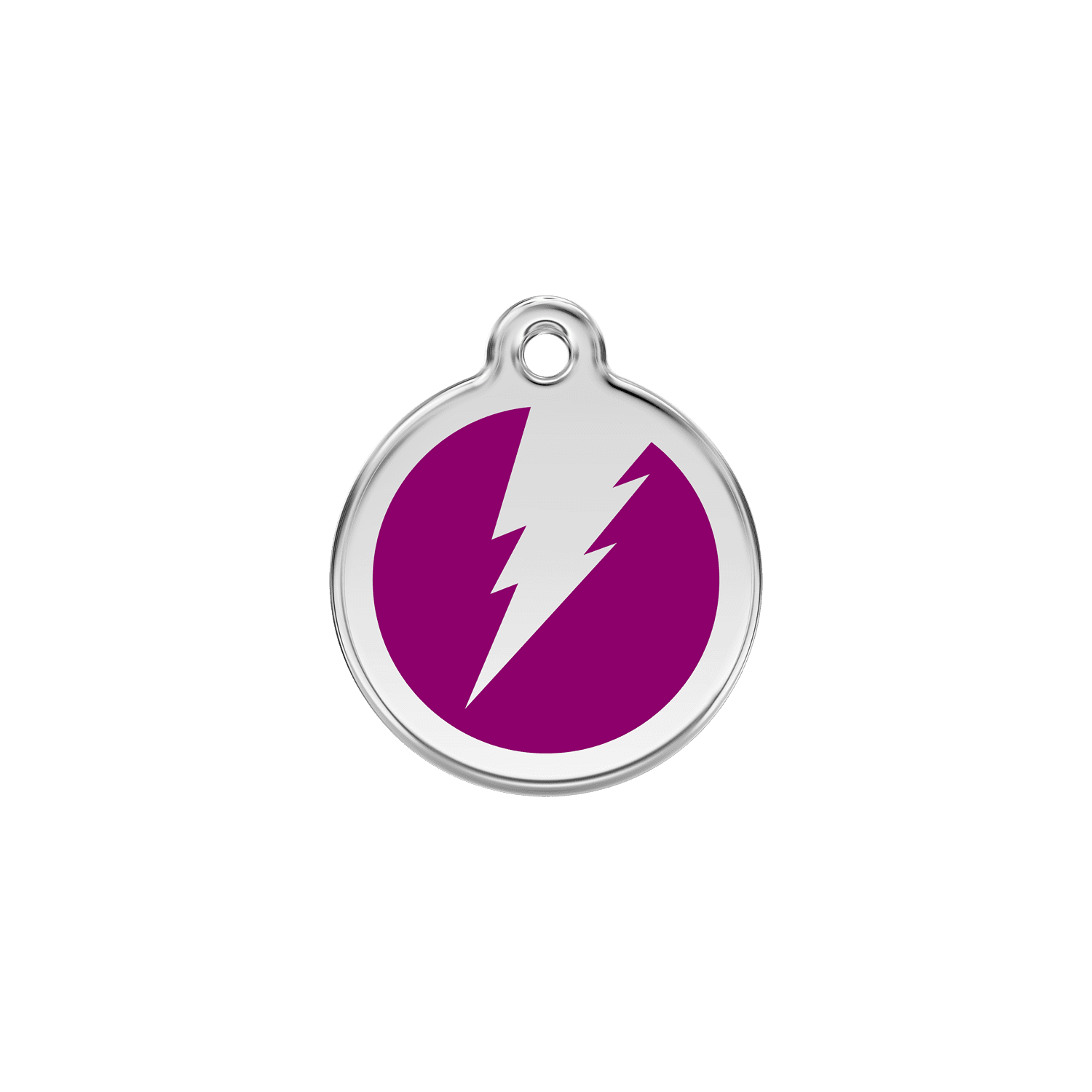 Vue avant - Médaille personnalisée pour chien/chat Red Dingo Émail et acier inoxydable - Motif éclair violet - Size S - Référence : 01-ZF-PU-SM