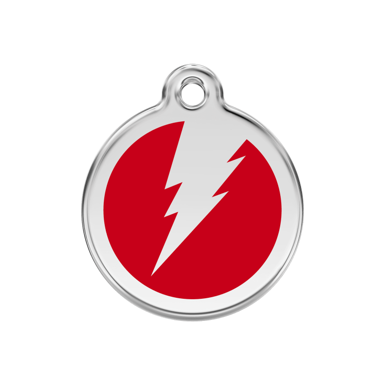 Vue avant - Médaille personnalisée pour chien Red Dingo Émail et acier inoxydable - Motif éclair - Rouge - Size M