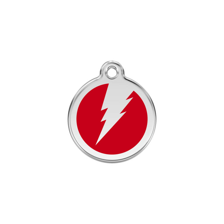 Vue avant - Médaille personnalisée pour chien/chat Red Dingo Émail et acier inoxydable - Motif éclair - Rouge - Size S