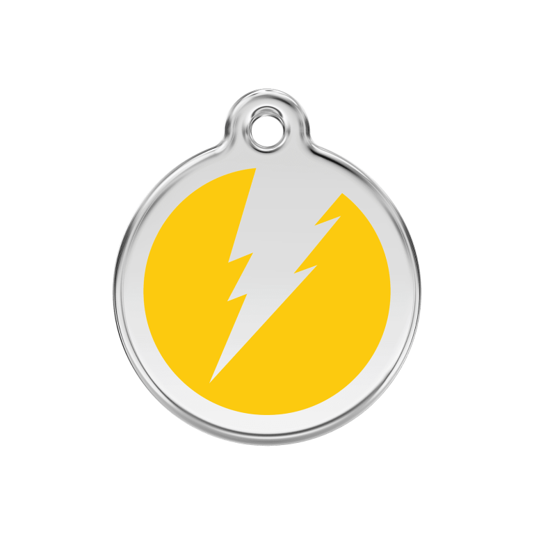 Vue avant - Médaille personnalisée pour chien/chat Red Dingo Émail et acier inoxydable Jaune 30mm - 01-ZF-YE-ME