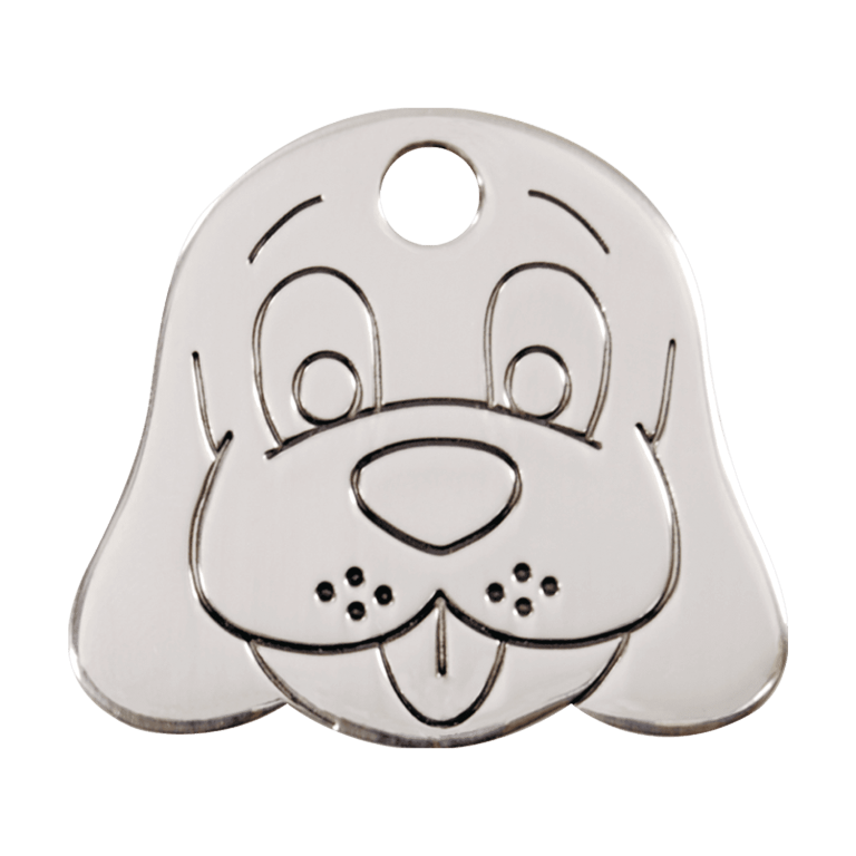 Vue avant - Médaille personnalisable pour chien Red Dingo - Plat en acier inoxydable - Tête de chien - Size L