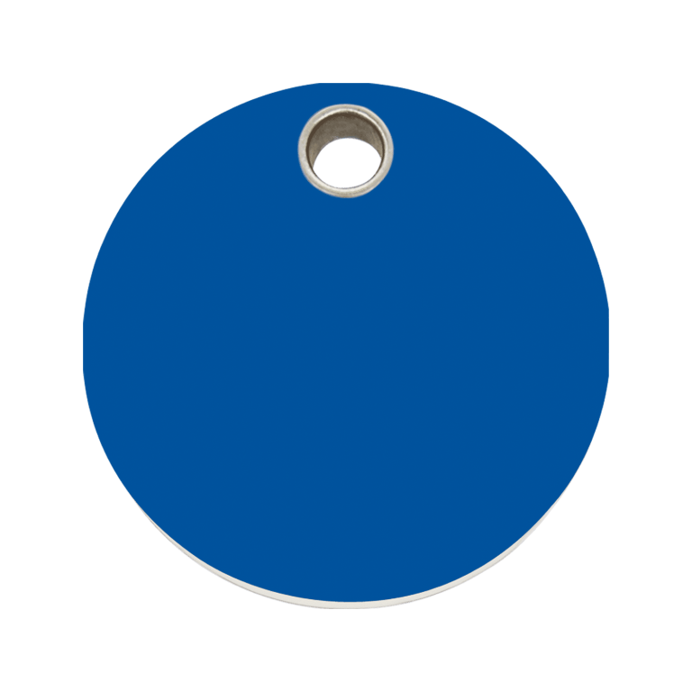 Vue avant - Médaille personnalisable pour chien - Red Dingo - Plastique plat - Cercle bleu foncé - Size L