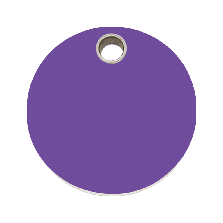 Vue avant - Médaille personnalisée pour chien ou chat - Red Dingo - Collection Plastique Plat - Cercle Violet - Size L