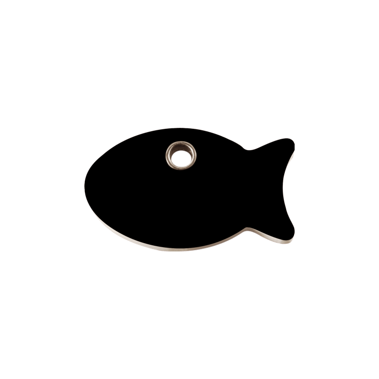 Vue avant - Médaille personnalisable pour chat Red Dingo Plastique Plat Poisson Noir Size S