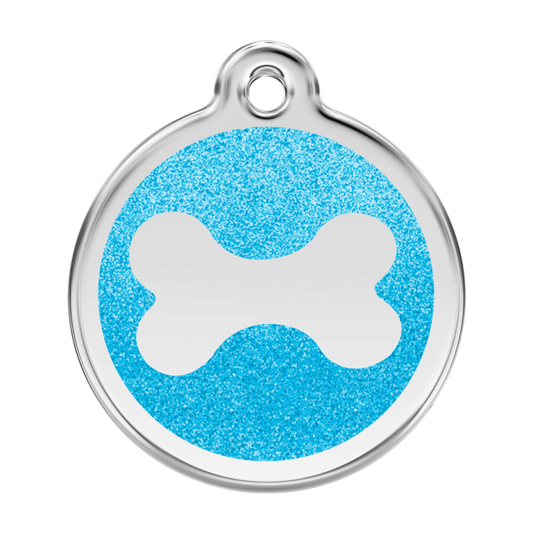 Vue avant - Médaille personnalisable pour chien Red Dingo Émail pailleté et acier inoxydable - Os scintillant - Aqua - Size L