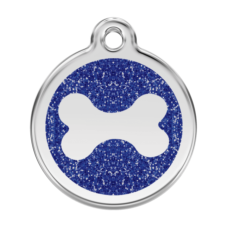 Vue avant - Médaille personnalisée pour chien Red Dingo Émail pailleté Os scintillant Bleu foncé - Size L