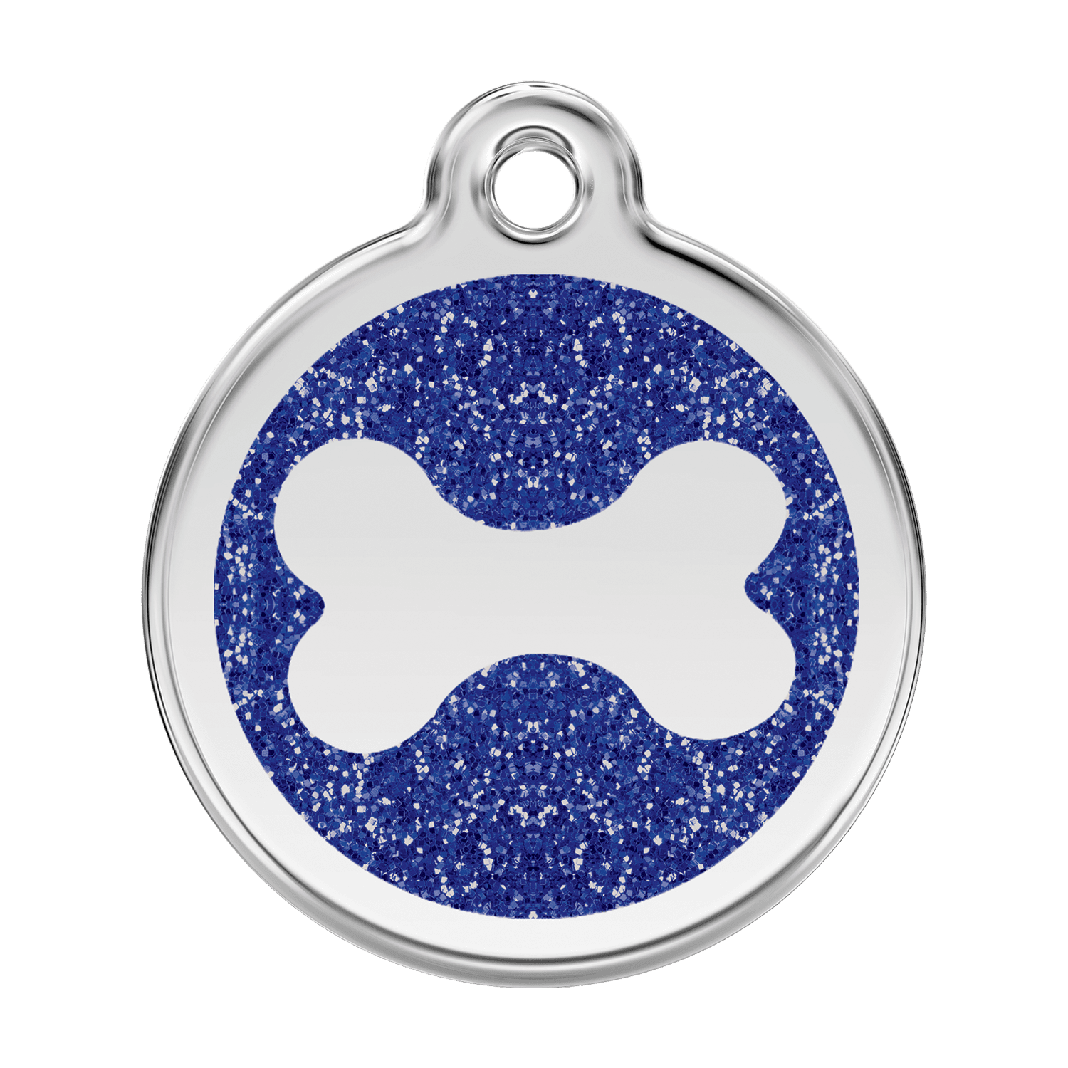Vue avant - Médaille personnalisée pour chien Red Dingo Émail pailleté Os scintillant Bleu foncé - Size L