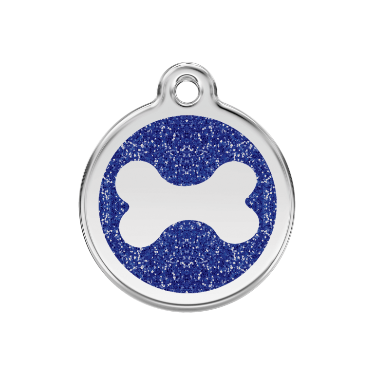 Vue avant - Médaille personnalisable pour chien ou chat - Red Dingo - Émail pailleté - Os scintillant - Bleu foncé - Size M