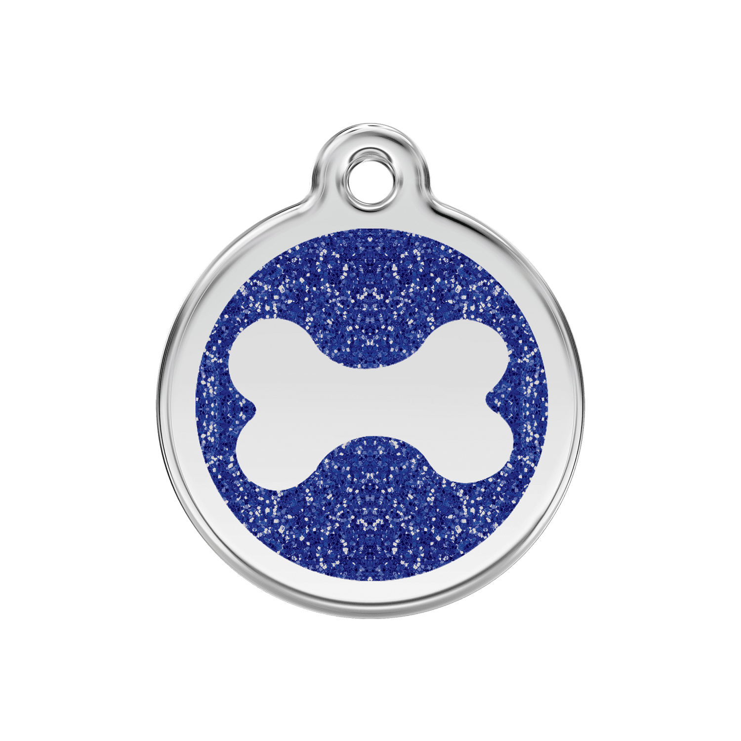 Vue avant - Médaille personnalisable pour chien ou chat - Red Dingo - Émail pailleté - Os scintillant - Bleu foncé - Size M