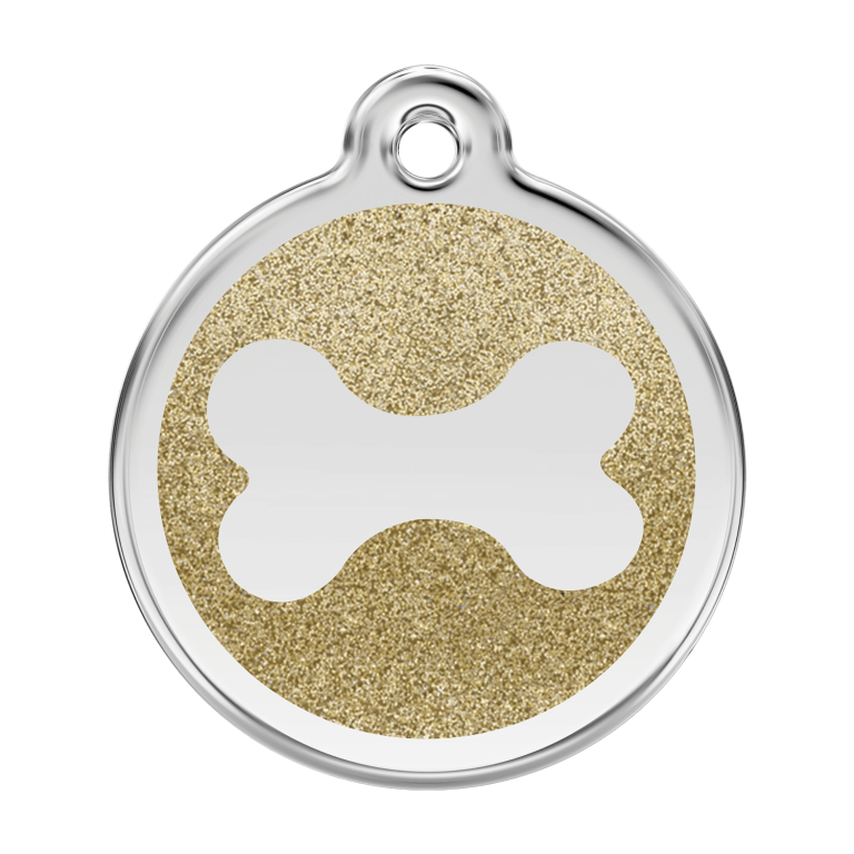 Vue avant - Médaille personnalisable pour chien Red Dingo Émail pailleté Or - Os scintillant - Size L