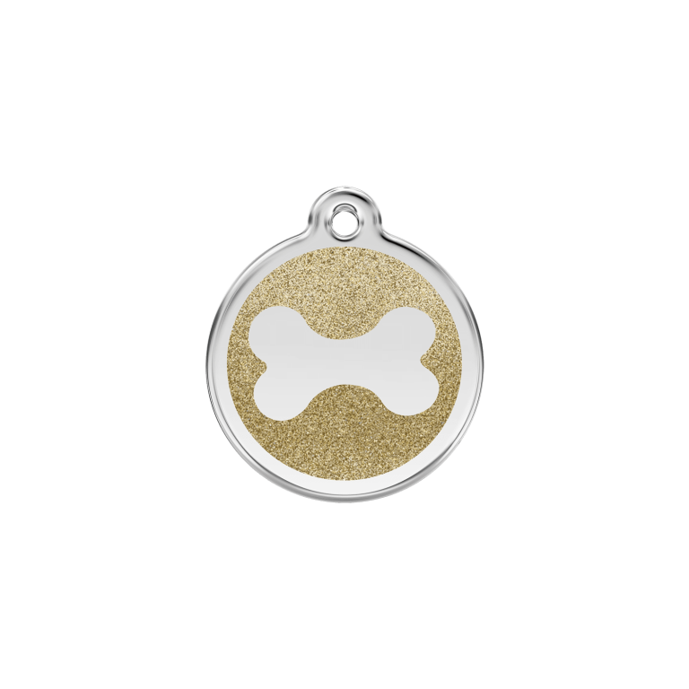 Vue avant - Médaille personnalisée pour chien/chat Red Dingo Émail pailleté Or - Os scintillant - Size S