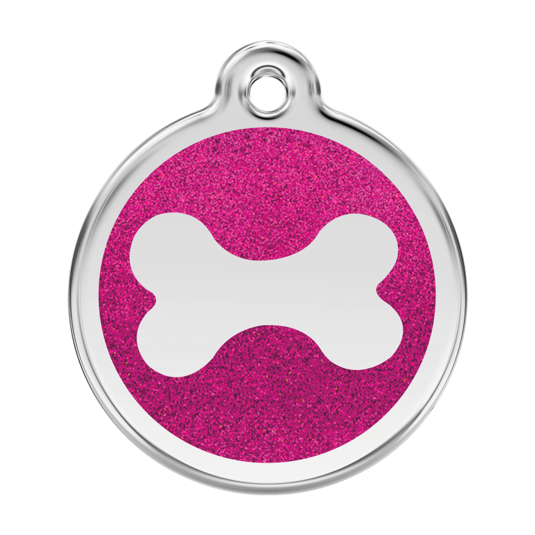 Vue avant - Médaille personnalisée pour chien Red Dingo - Émail pailleté rose vif - Os scintillant - Size L