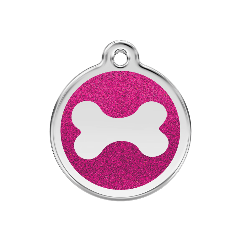 Vue avant - Médaille personnalisable pour chien Red Dingo Émail pailleté rose vif - Os scintillant - Size M
